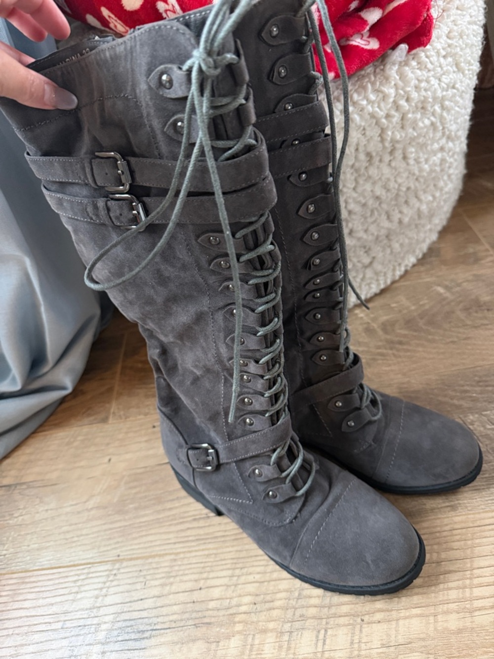 Lace-Up Knee High Women's Boots in Grey